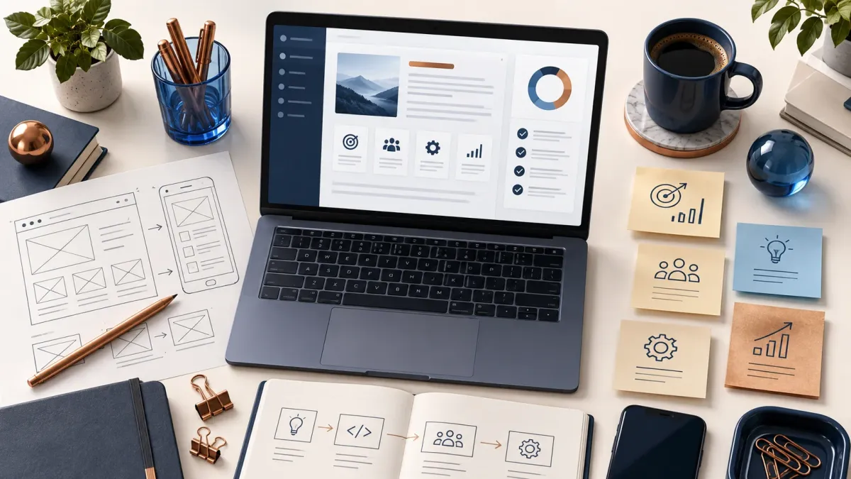 Project brief document with website wireframes and planning notes